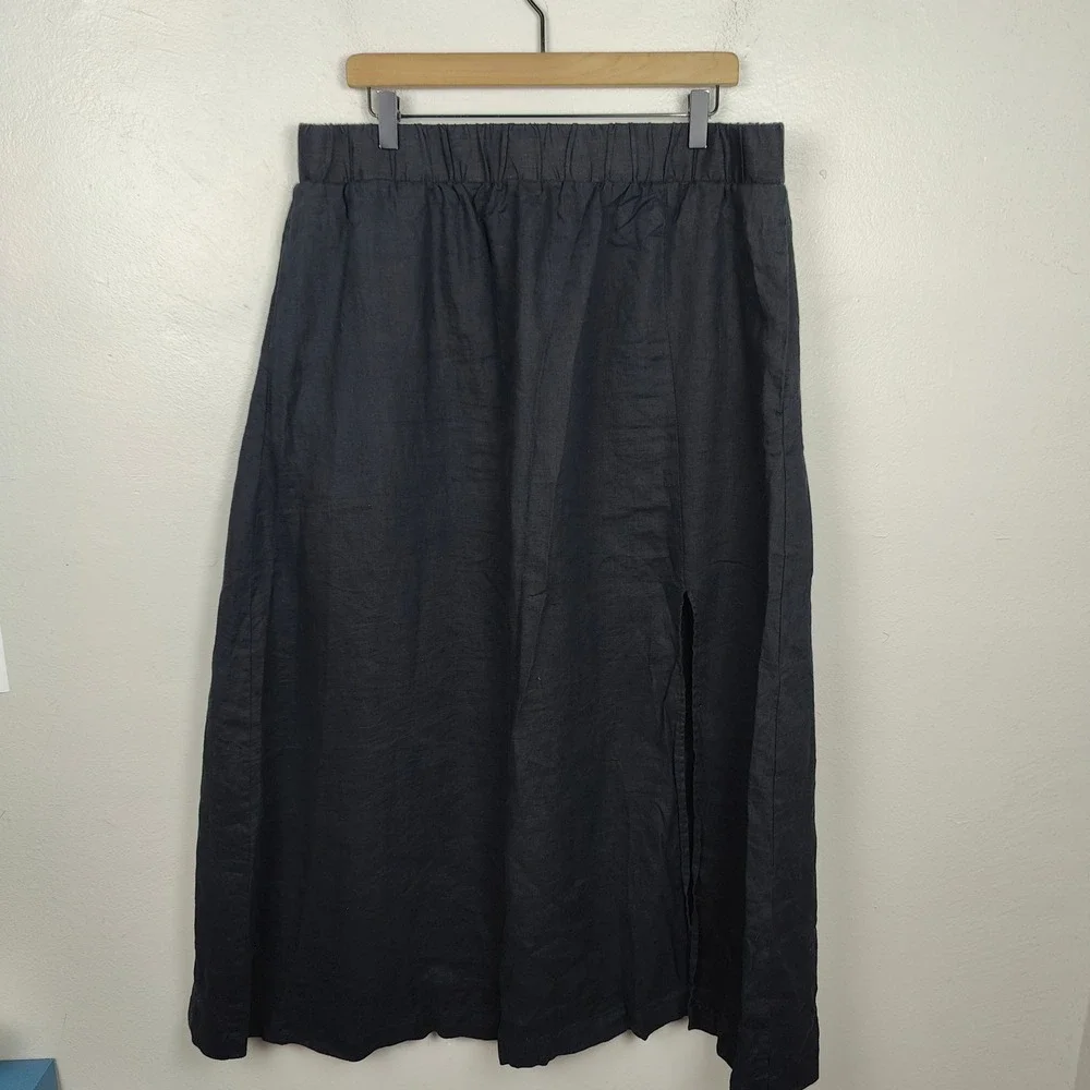 Quince 100% European Linen Maxi Skirt Womens XL Black Elastic Waist Side Slit_2